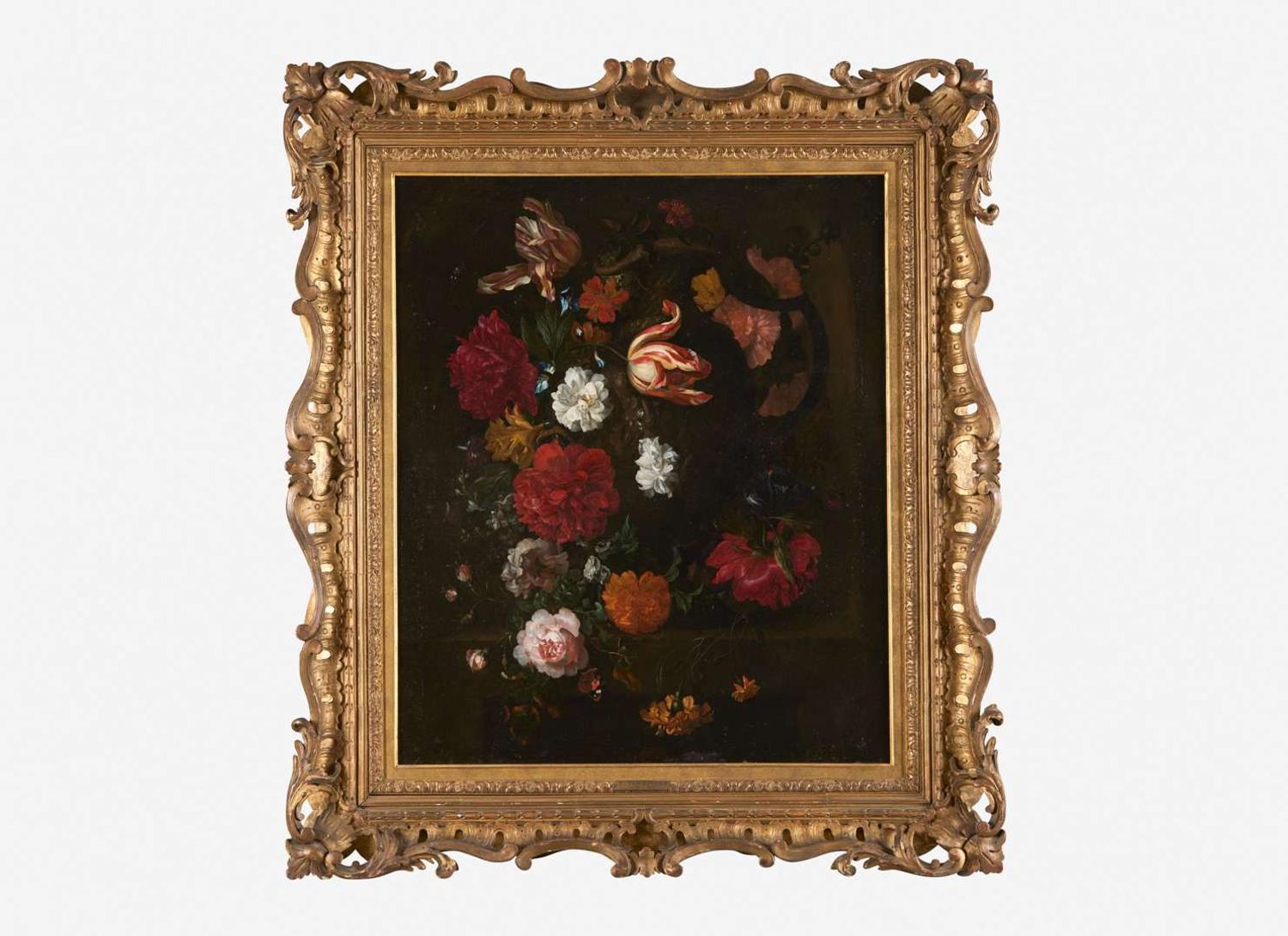 Ernst Stuven (German, 1657-1712) - Tulips, Marigolds, Roses, Hollyhocks, Peonies and other Flowers in a Sculpted Urn in a Stone Niche