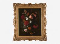 Ernst Stuven (German, 1657-1712) - Tulips, Marigolds, Roses, Hollyhocks, Peonies and other Flowers in a Sculpted Urn in a Stone Niche