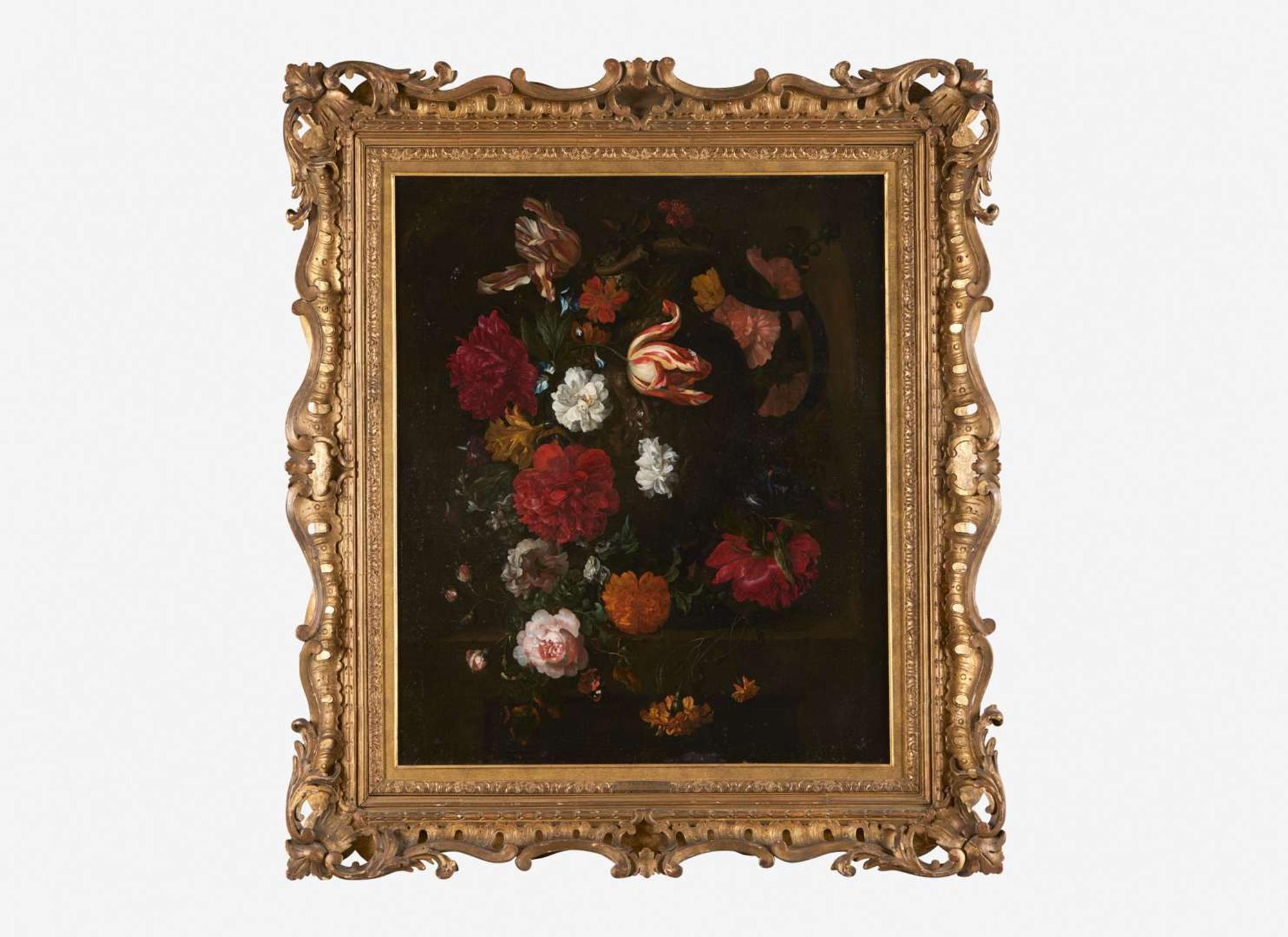 Ernst Stuven (German, 1657-1712) - Tulips, Marigolds, Roses, Hollyhocks, Peonies and other Flowers in a Sculpted Urn in a Stone Niche