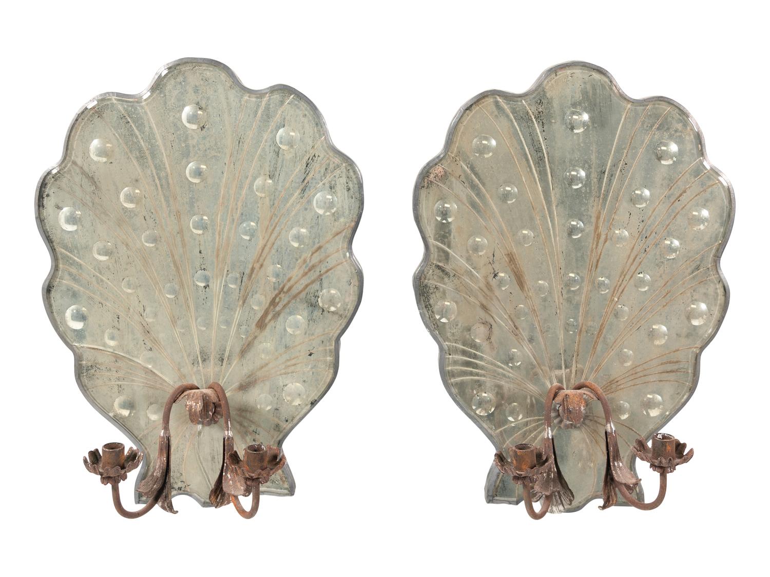 A Pair of Italian Mirrored and Wrought Iron Two-Light Sconces