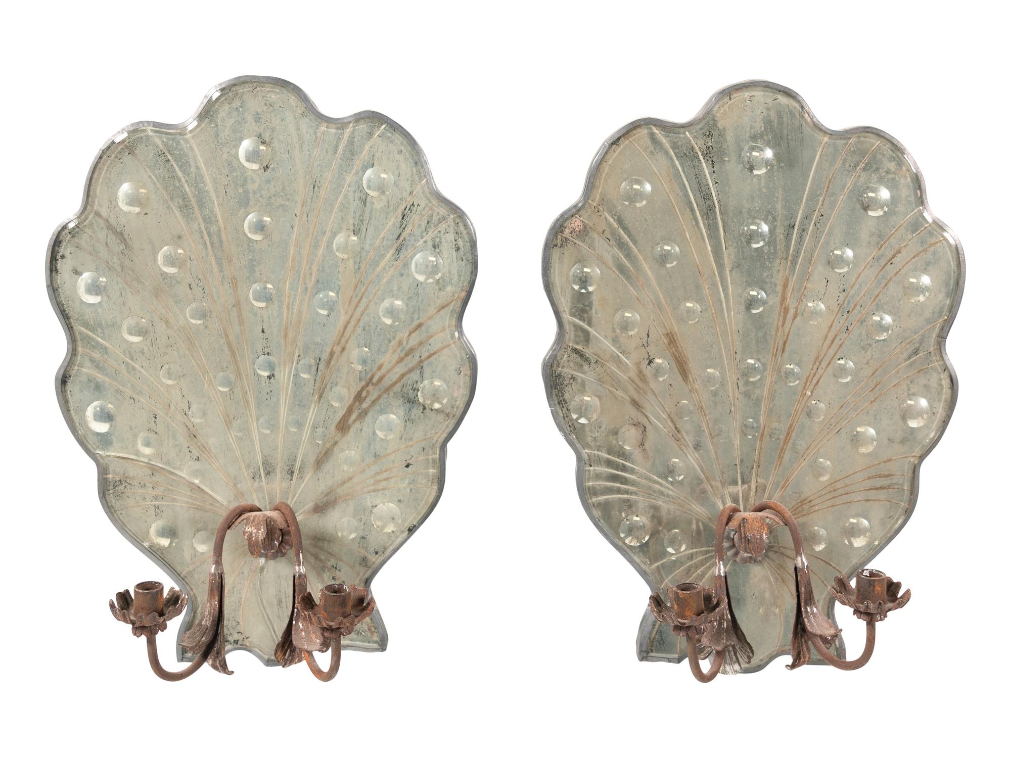 A Pair of Italian Mirrored and Wrought Iron Two-Light Sconces