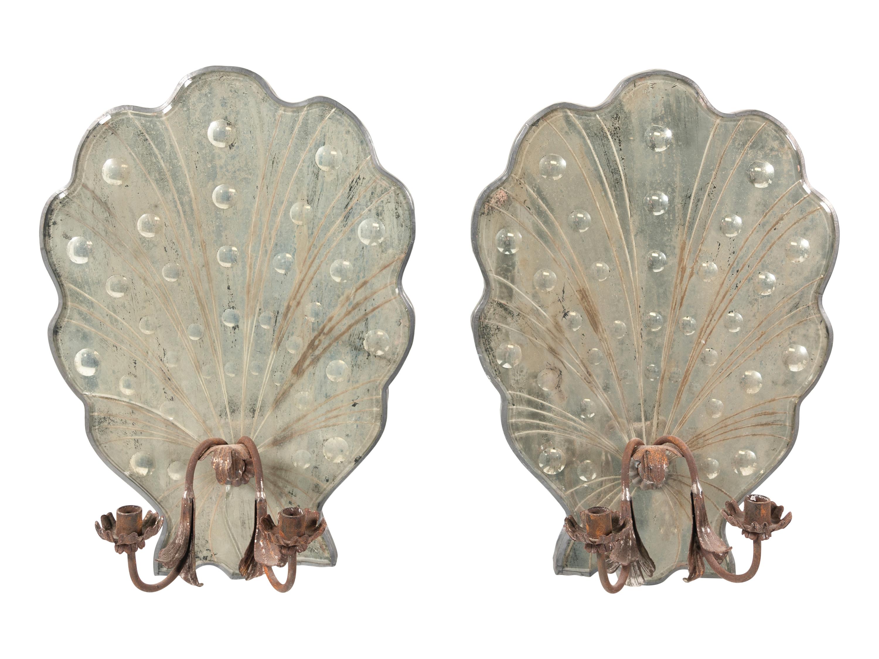A Pair of Italian Mirrored and Wrought Iron Two-Light Sconces