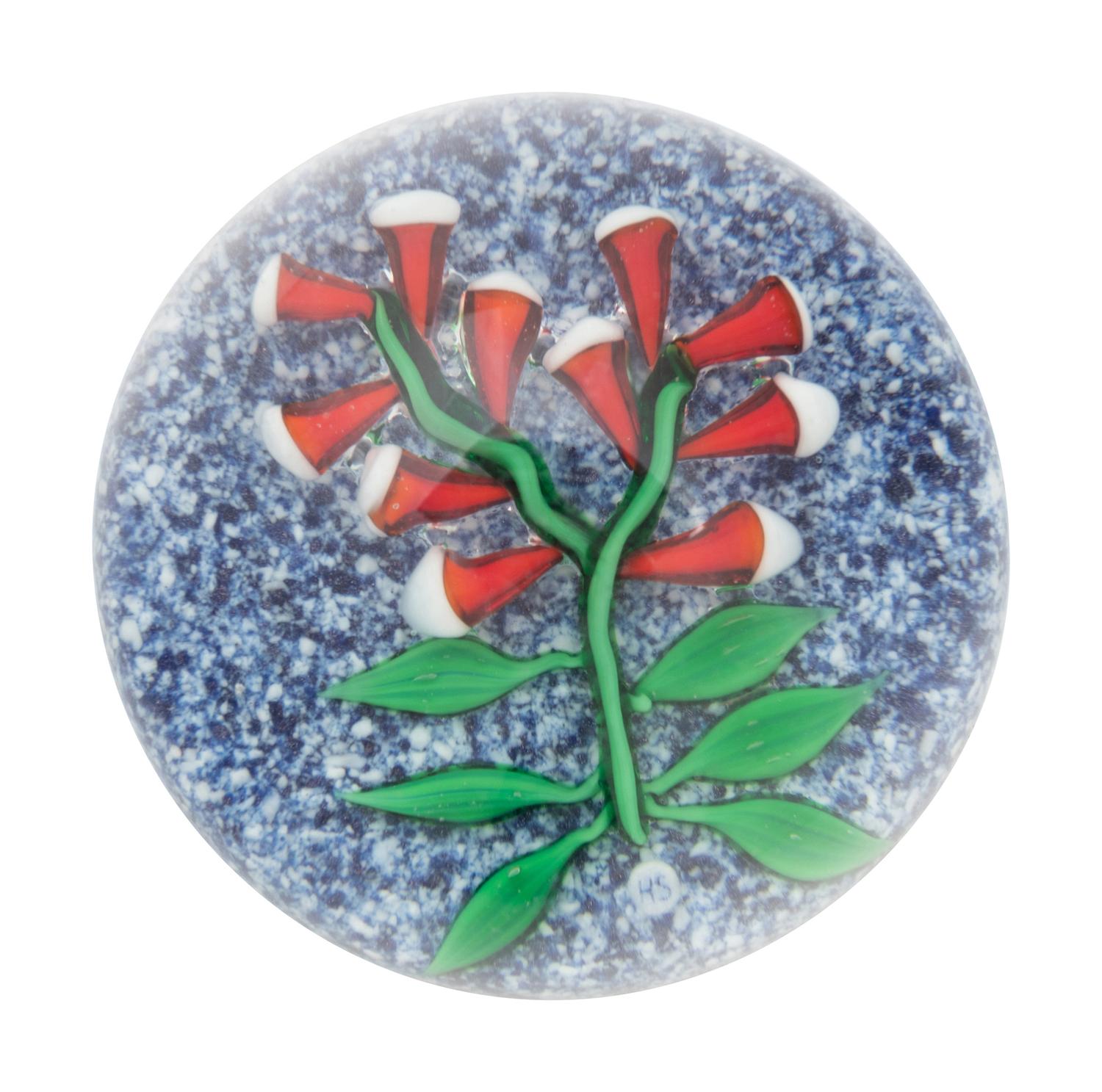 A Hugh Smith Red and White Bell Flowers on Speckled Ground Glass Paperweight