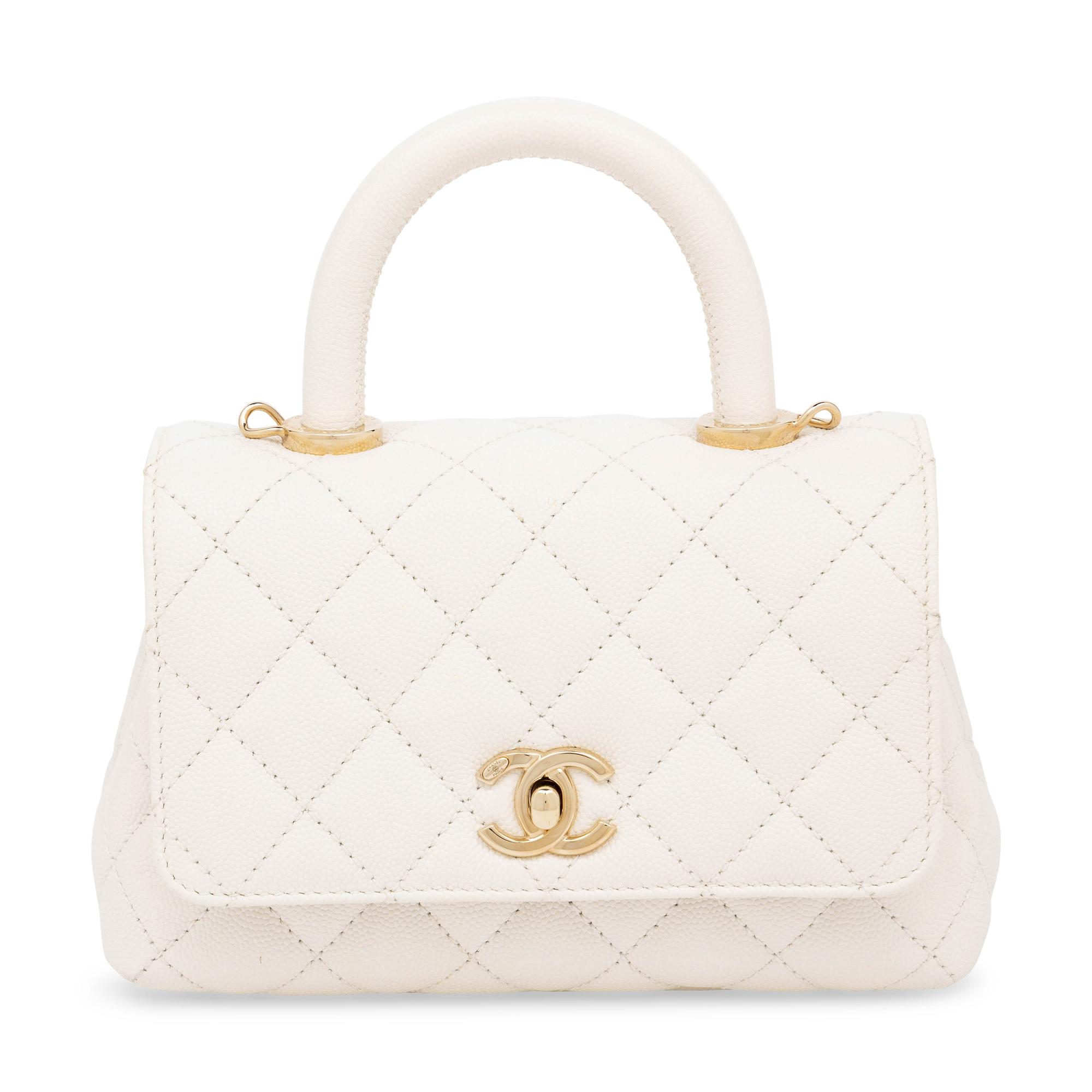 Chanel, Mini Top Handle Flap Bag in White Caviar Leather