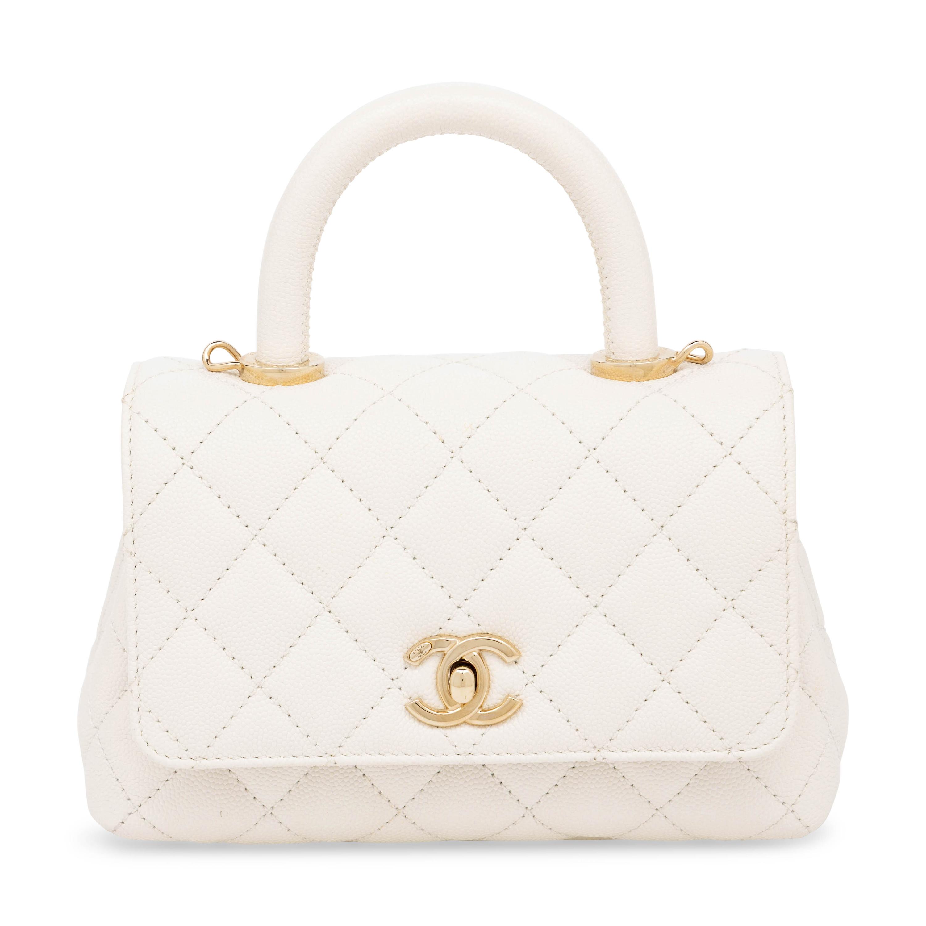 Chanel, Mini Top Handle Flap Bag in White Caviar Leather