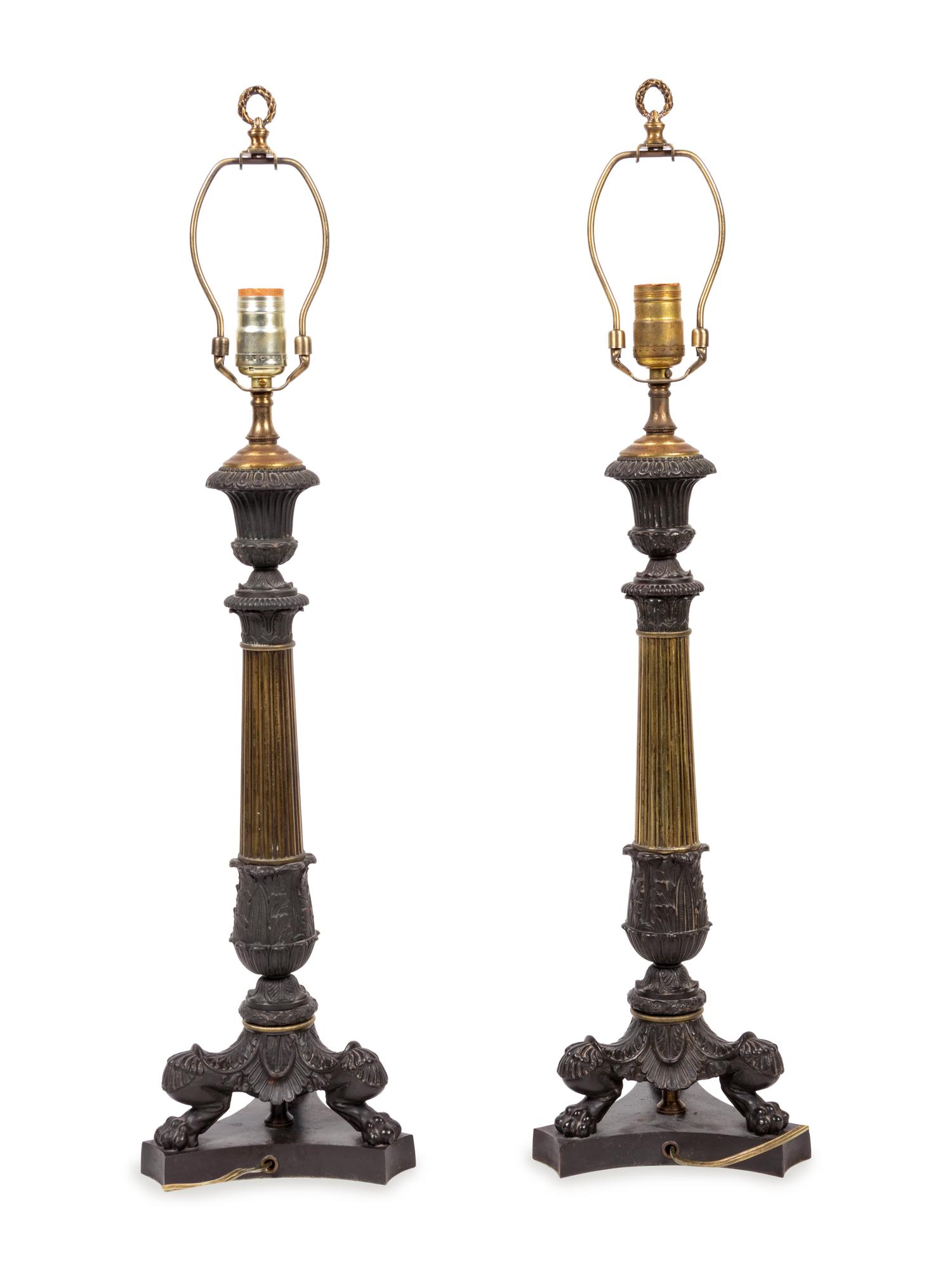 A Pair of Empire Style Bronze Candlesticks Mounted as Lamps