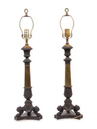 A Pair of Empire Style Bronze Candlesticks Mounted as Lamps