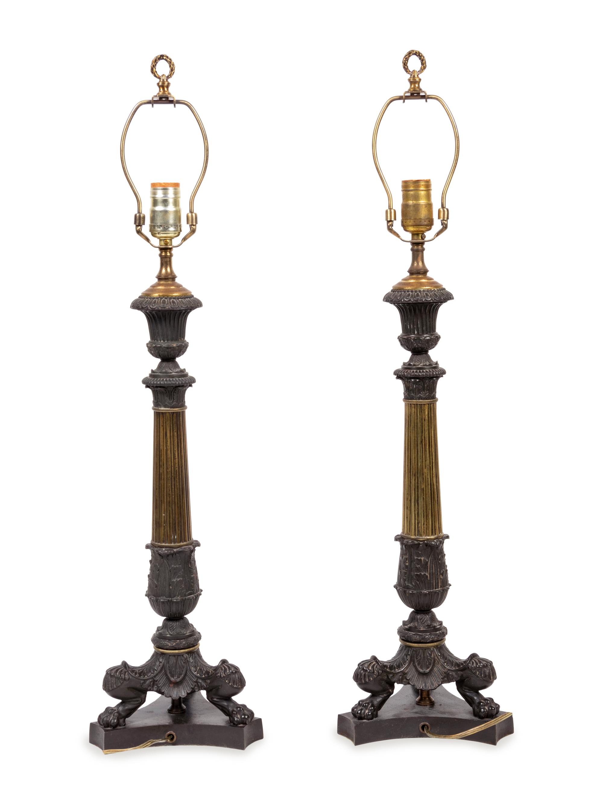 A Pair of Empire Style Bronze Candlesticks Mounted as Lamps