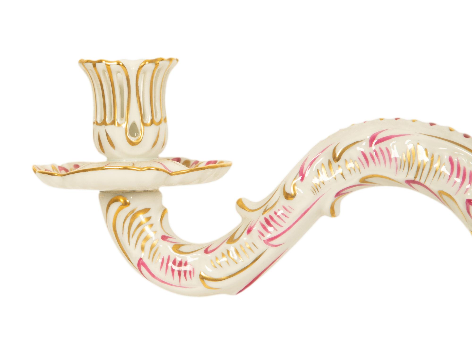 A Pair of Herend Porcelain Three-Light Candelabra and a Pair of Matching Candlesticks