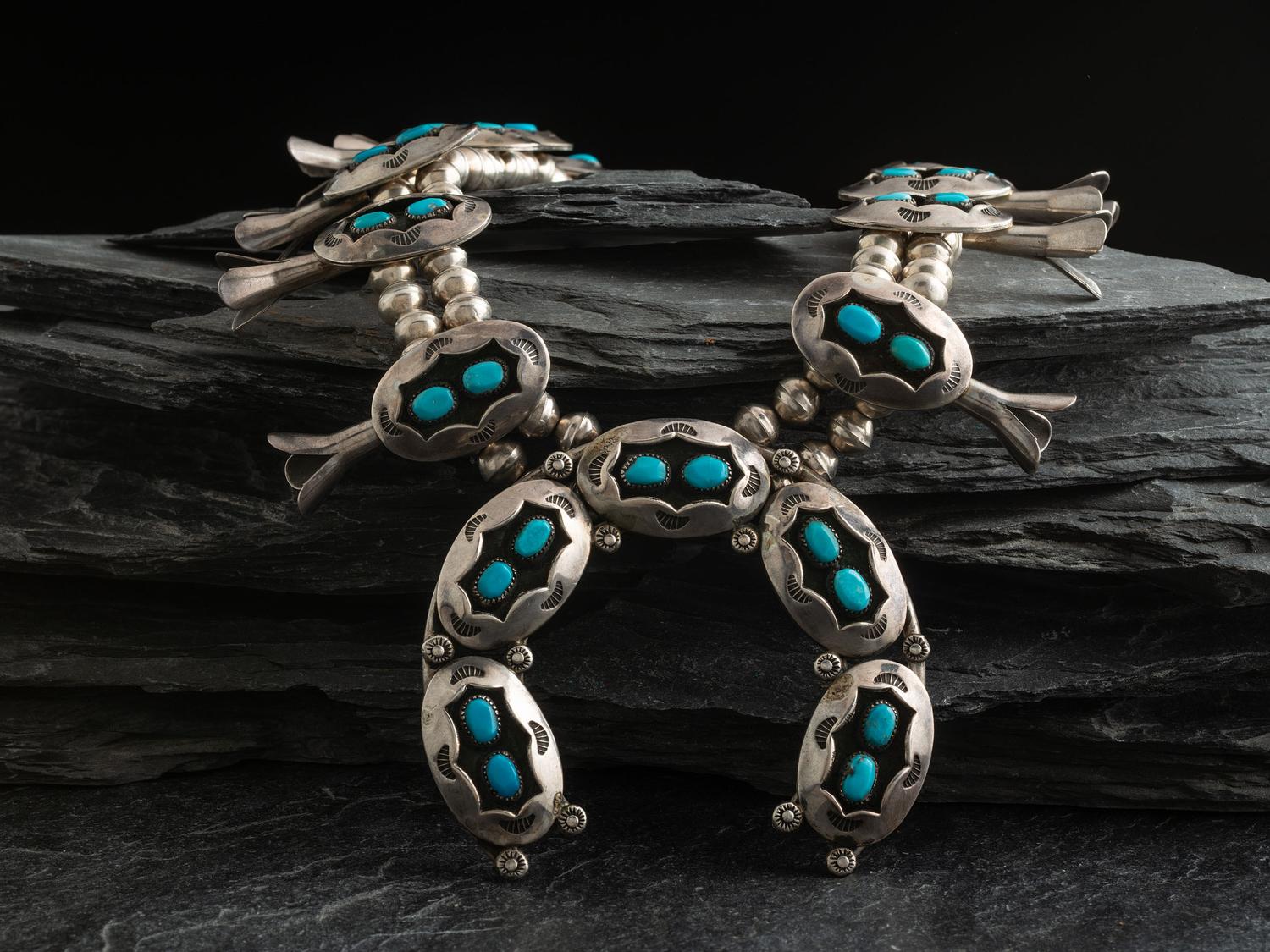Navajo Silver and Turquoise Squash Blossom Necklace