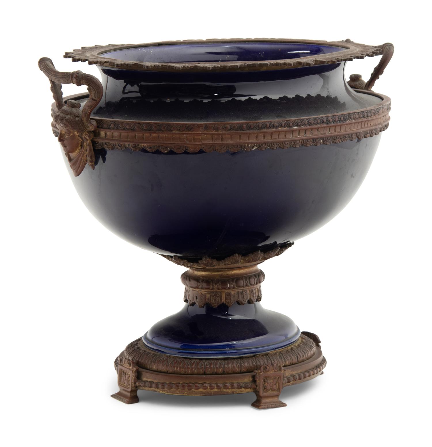 A French Gilt Metal Mounted Cobalt Earthenware Centerpiece