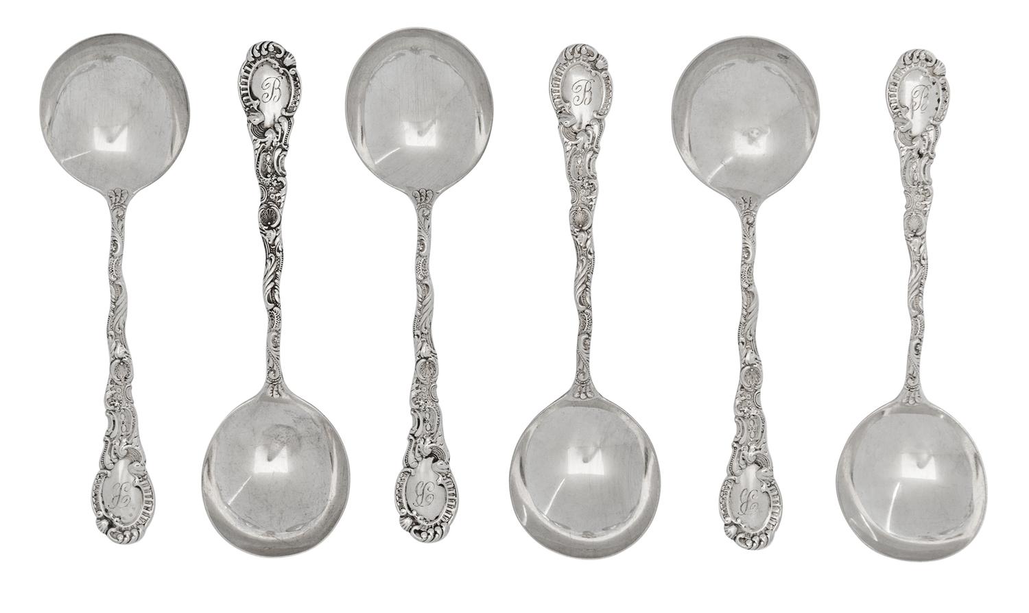A Set of Eight American Silver Bouillon Spoons, William B. Durgin Co., Concord, NH., Circa 1895, engraved with initial B and dates 1871