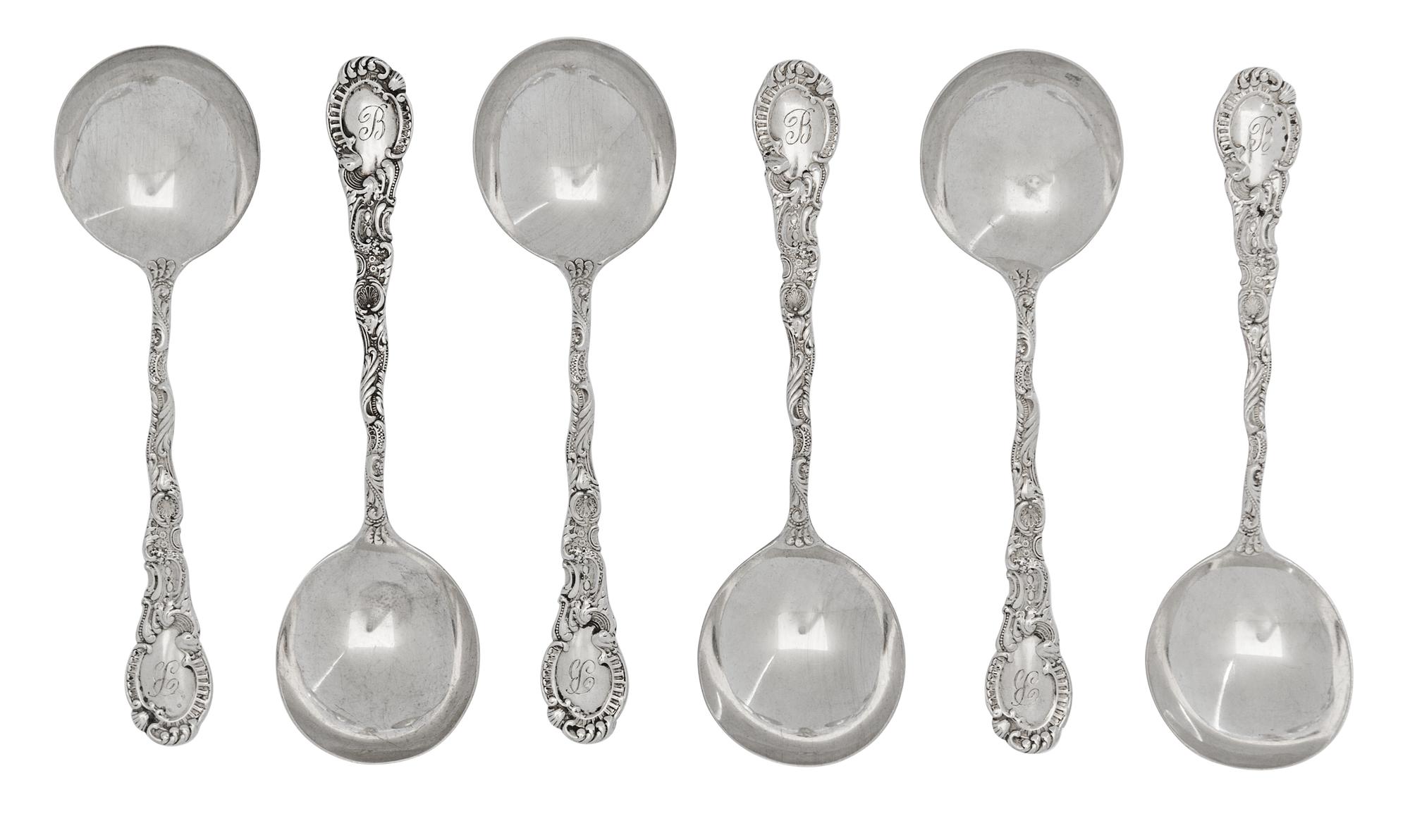 A Set of Eight American Silver Bouillon Spoons, William B. Durgin Co., Concord, NH., Circa 1895, engraved with initial B and dates 1871