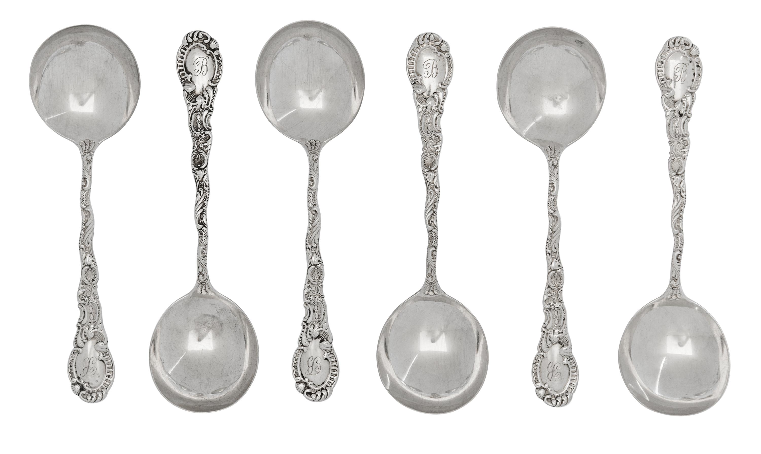 A Set of Eight American Silver Bouillon Spoons, William B. Durgin Co., Concord, NH., Circa 1895, engraved with initial B and dates 1871