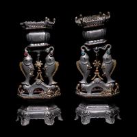 A Pair of Chinese Glass Inset Pewter 'Abundance' Candle Holders