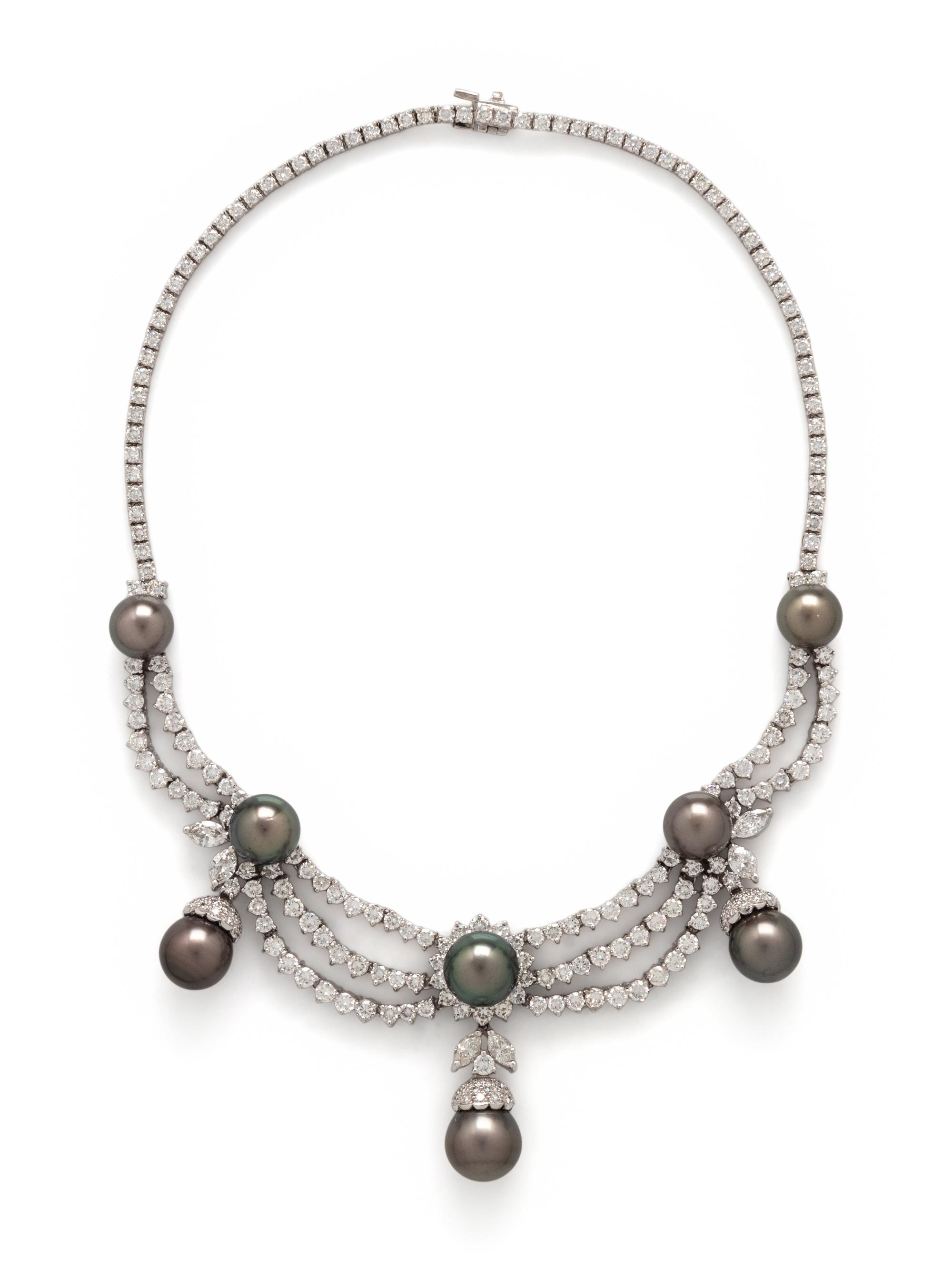 DIAMOND AND GRAY CULTURED PEARL FESTOON NECKLACE