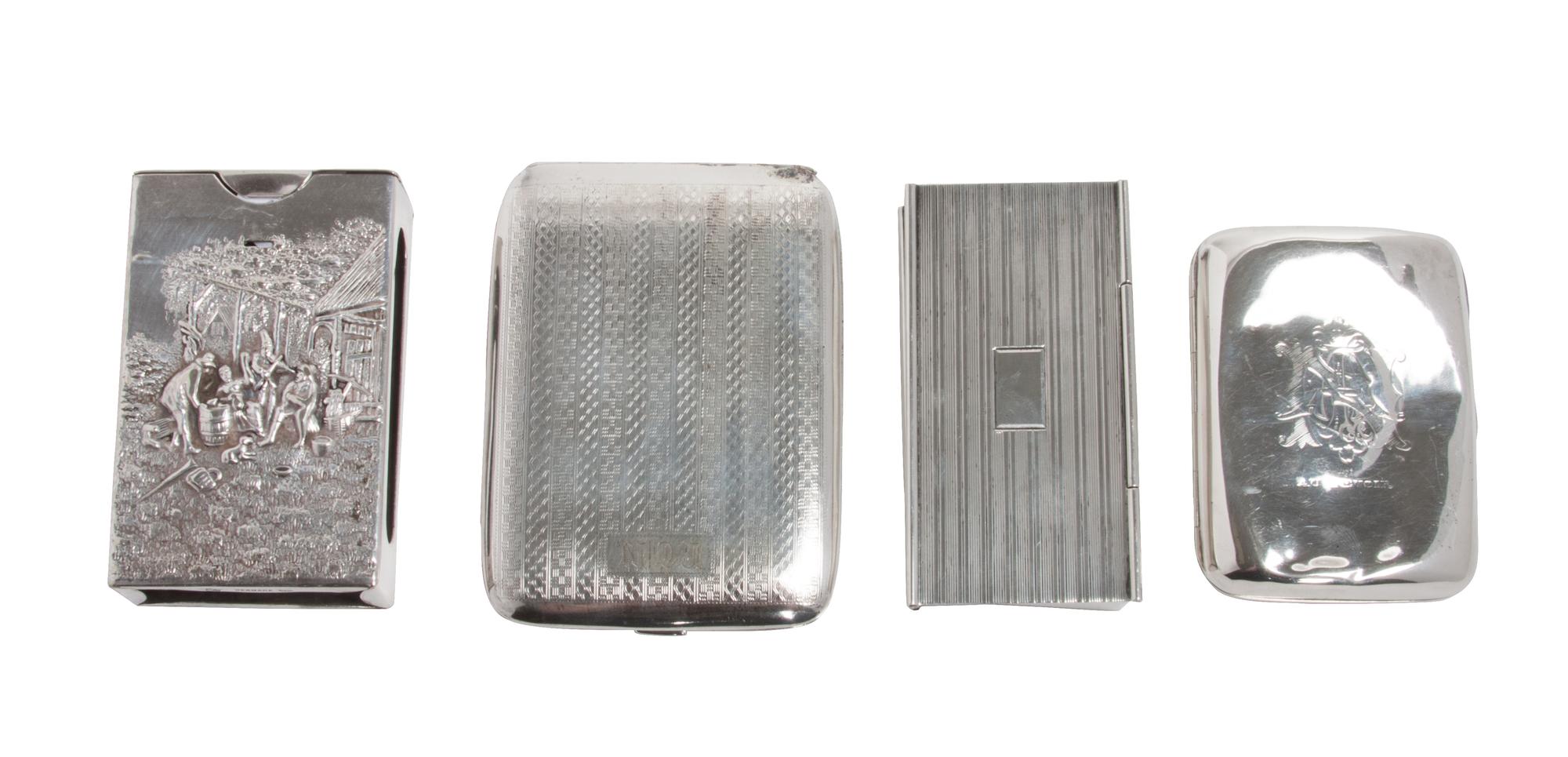 Four Silver Articles, Various Makers, comprising a rectangular cigarette case with allover engraved geometric patterns; a rectangular c