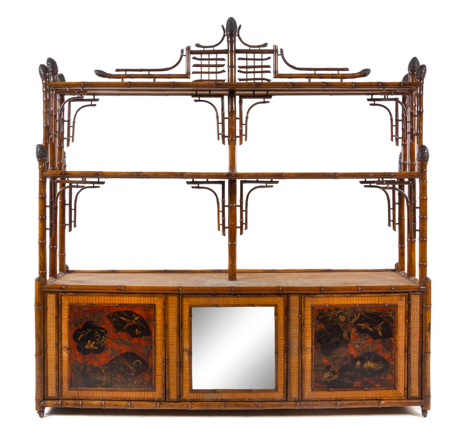 A Lacquer Paneled Inset Bamboo Etagere Height 80 1/2 x width 79 x depth 22 inches. — 20TH CENTURY