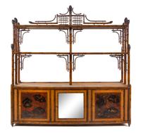 A Lacquer Paneled Inset Bamboo Etagere Height 80 1/2 x width 79 x depth 22 inches. — 20TH CENTURY