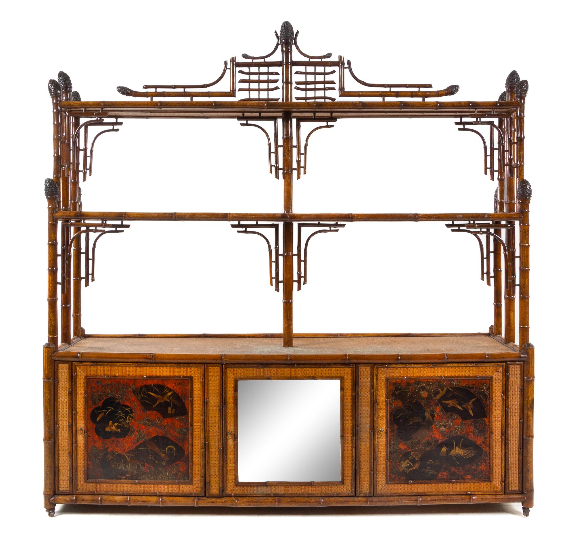 A Lacquer Paneled Inset Bamboo Etagere Height 80 1/2 x width 79 x depth 22 inches. — 20TH CENTURY