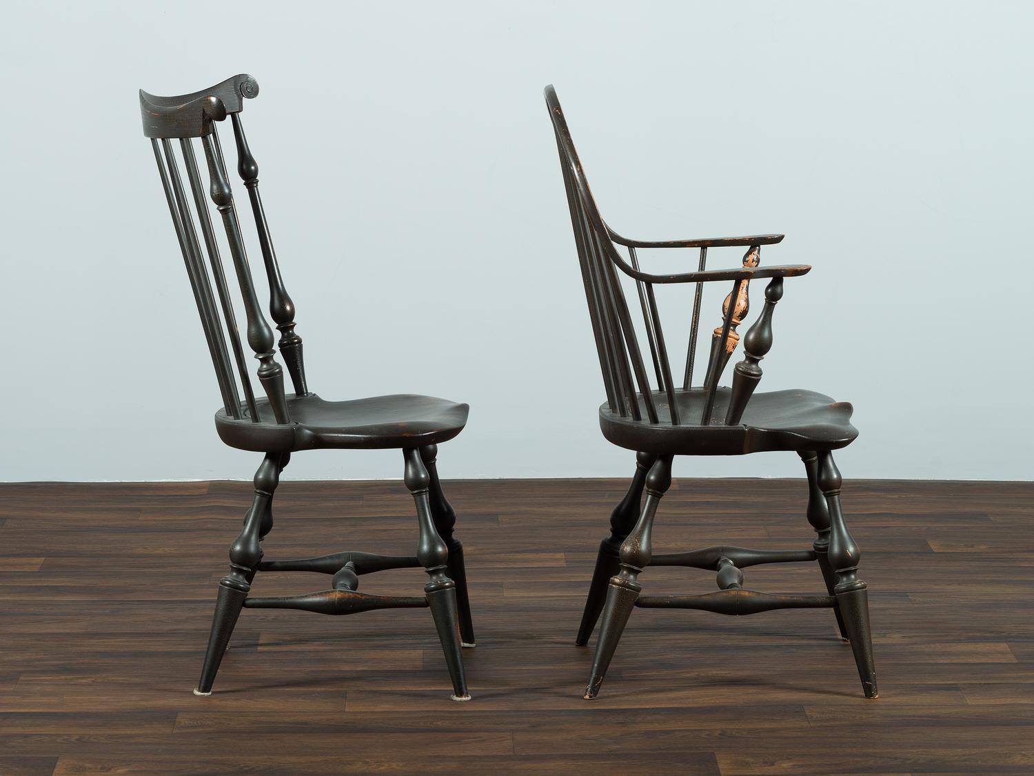 Two D.R. Dimes Black Painted Windsor Chairs