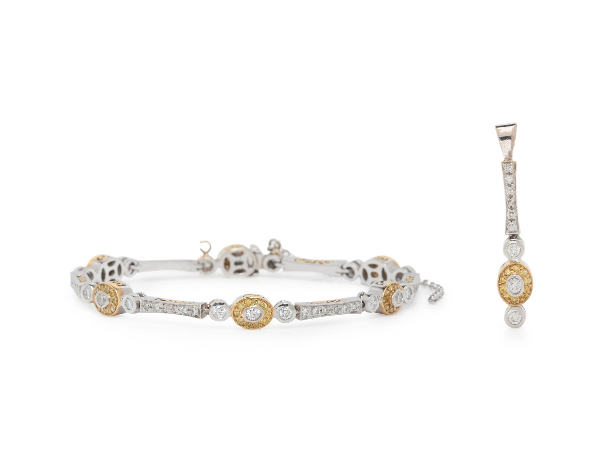 BICOLOR GOLD, DIAMOND, AND COLORED DIAMOND BRACELET AND PENDANT