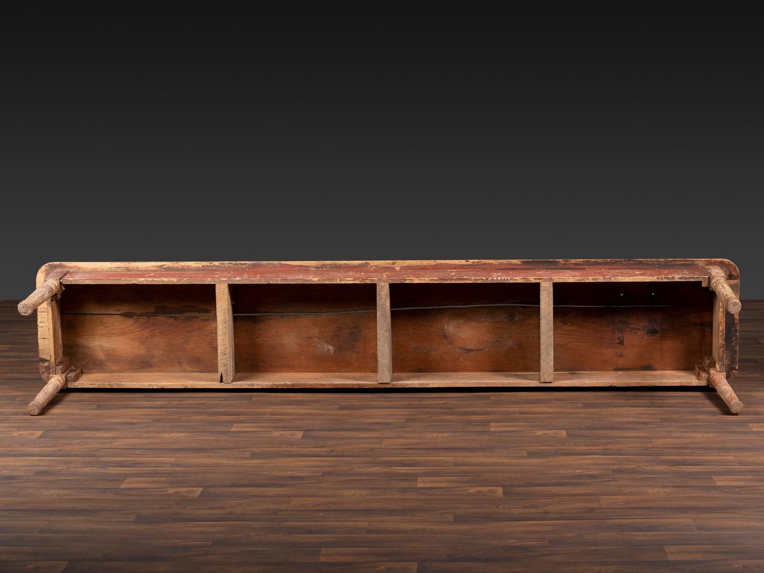 A Country Red Painted Scrubbed Single-Plank Top Pine Harvest Table