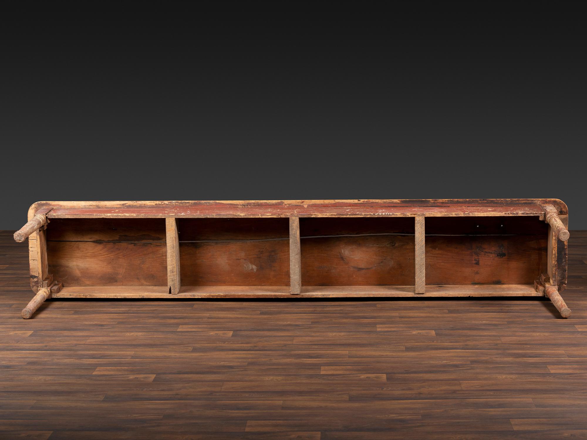 A Country Red Painted Scrubbed Single-Plank Top Pine Harvest Table
