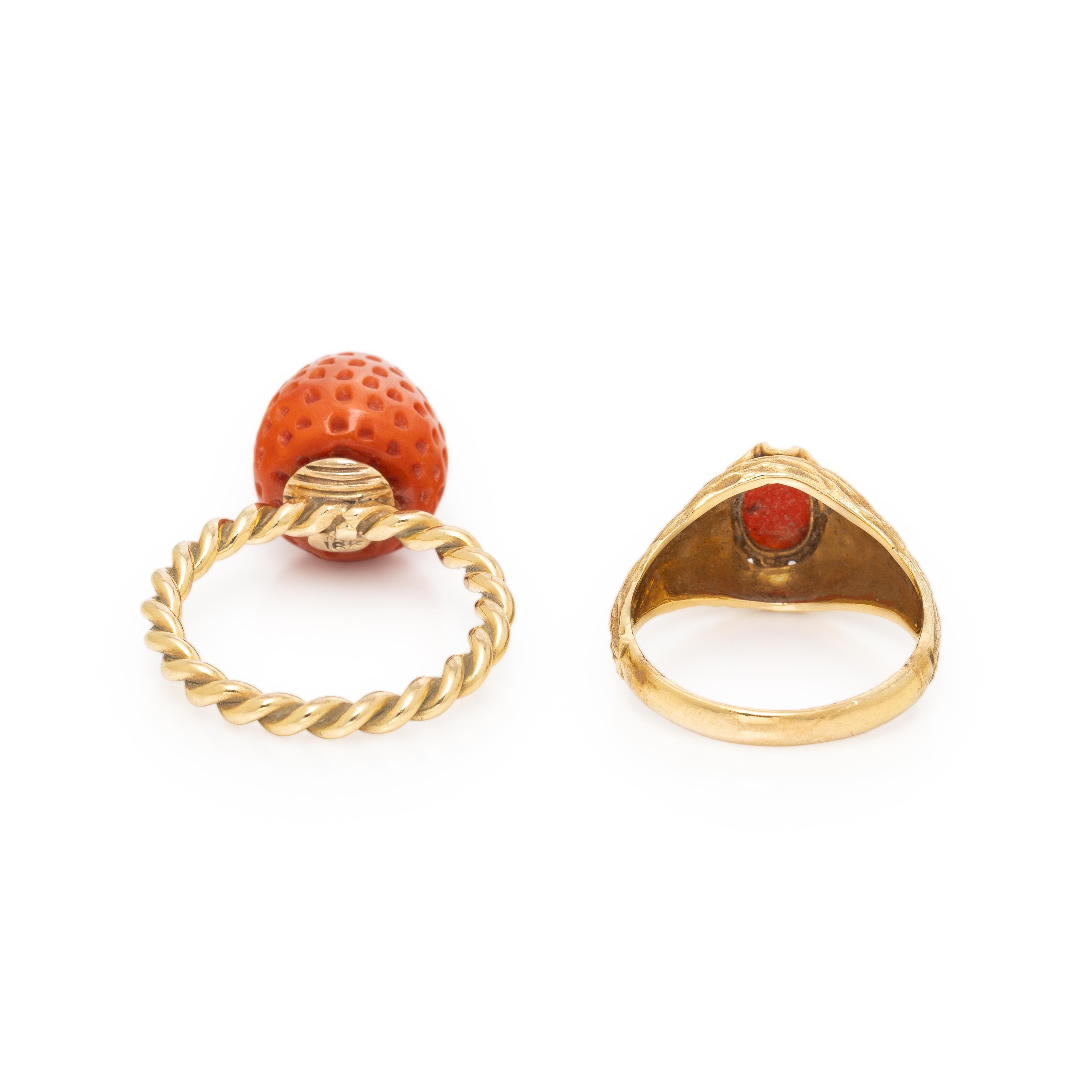 Two Coral and Yellow Gold Rings