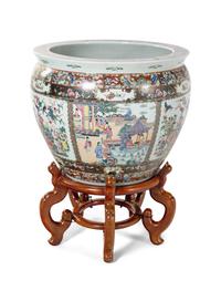 A Chinese Rose Medallion Fishbowl on Stand