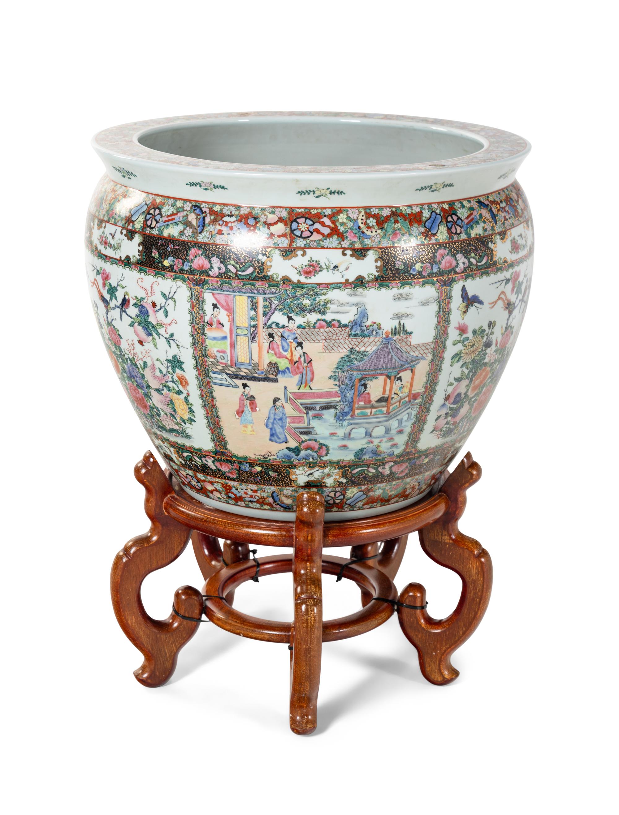 A Chinese Rose Medallion Fishbowl on Stand
