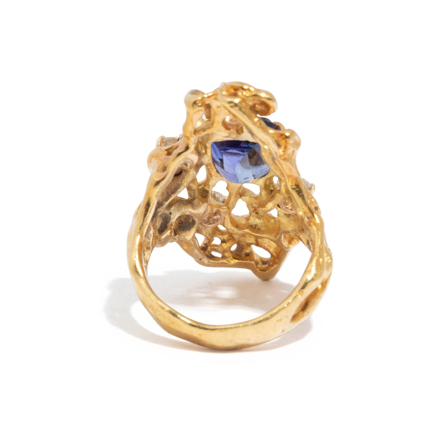 MODERNIST YELLOW GOLD, TANZANITE, AND DIAMOND RING