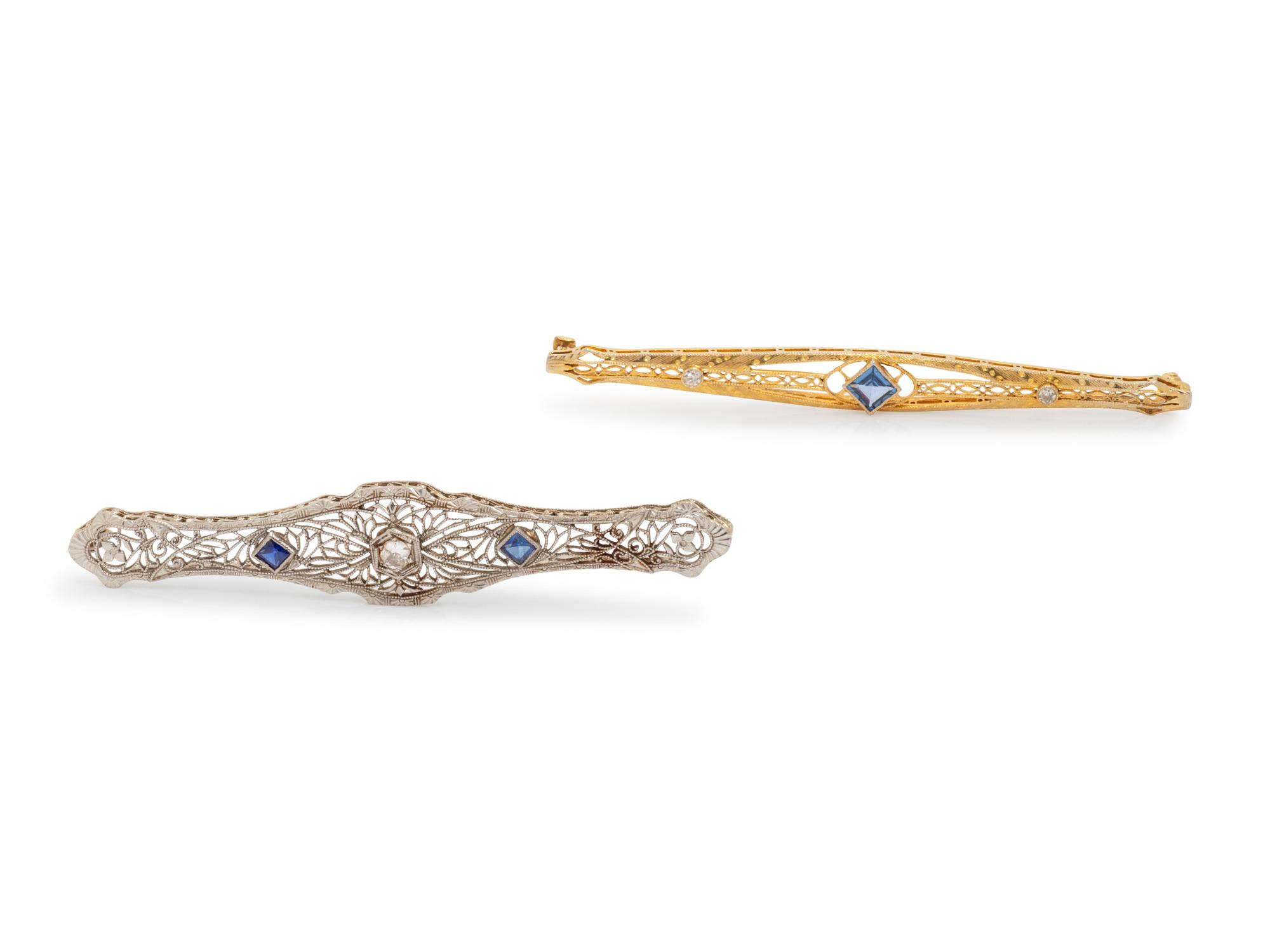 A Collection of 14 Karat Gold, Sapphire and Diamond Bar Brooches,
