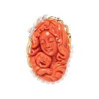 CORAL, CULTURED PEARL AND DIAMOND CAMEO BROOCH