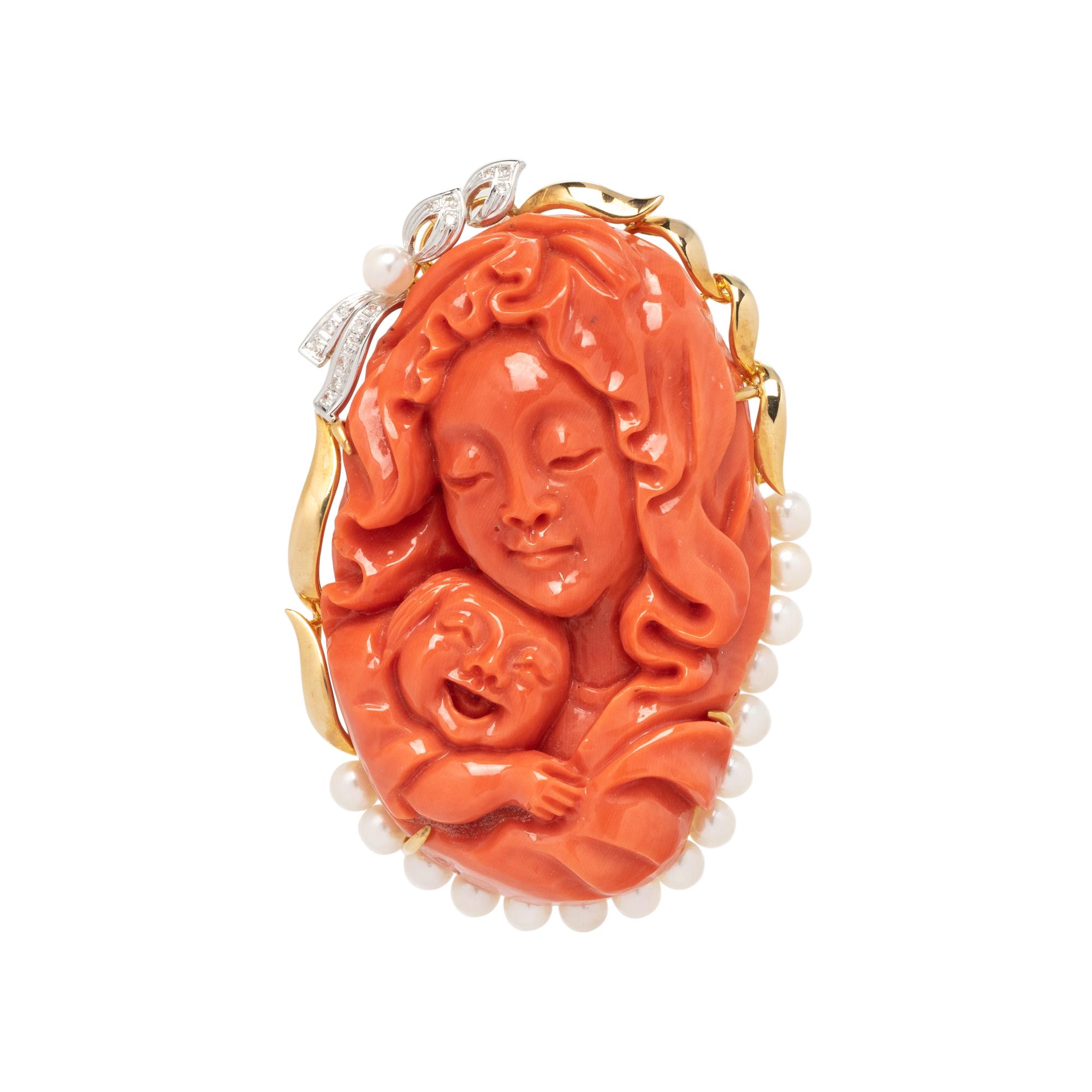 CORAL, CULTURED PEARL AND DIAMOND CAMEO BROOCH