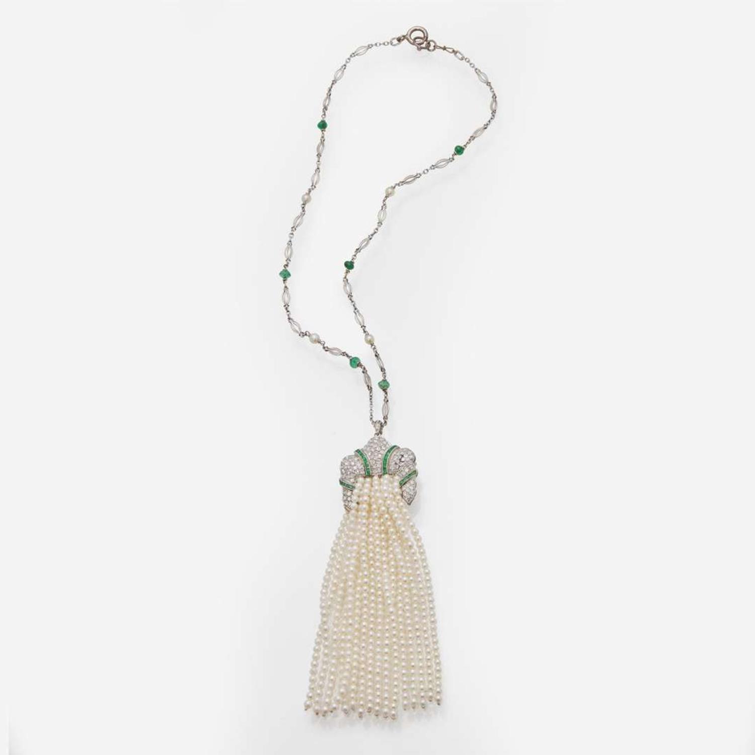 An Art Deco Diamond, Emerald, and Pearl Tassel Sautoir