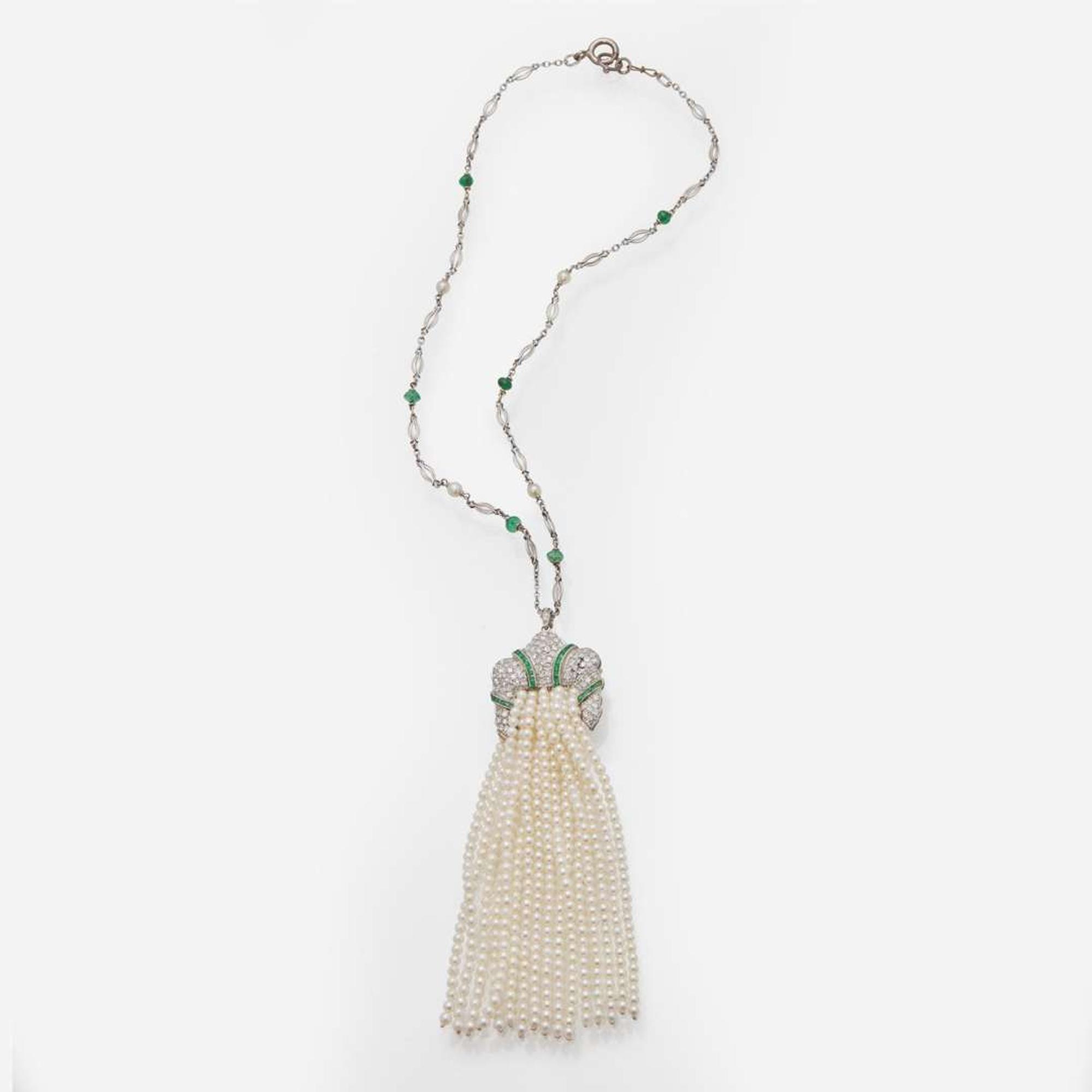 An Art Deco Diamond, Emerald, and Pearl Tassel Sautoir