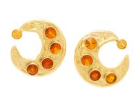YELLOW GOLD, FIRE OPAL, AND GARNET CRESCENT MOON EARRINGS