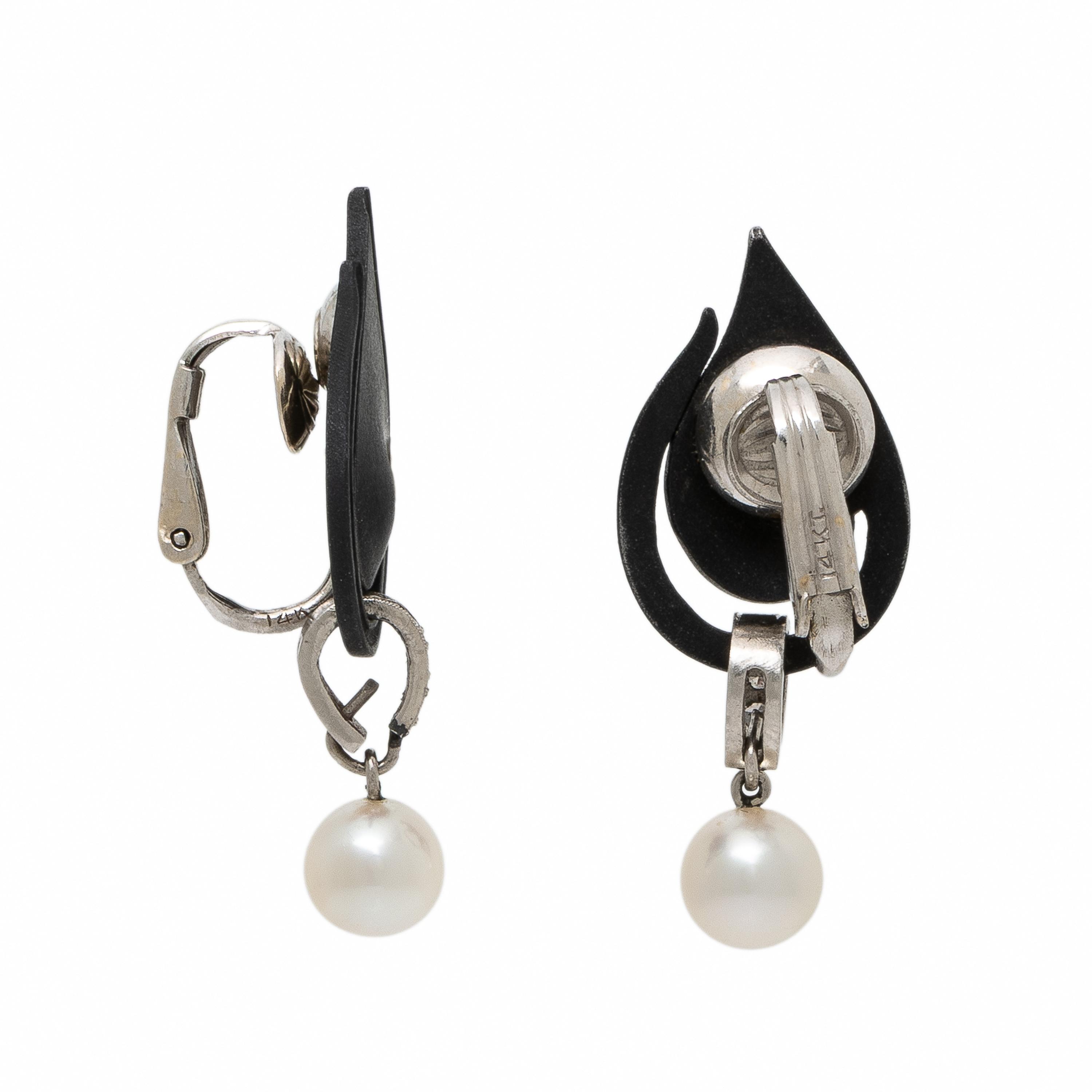 Marsh & Co., Blackened Steel, Cultured Pearl, and Diamond Earrings