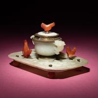 A Chinese Carved Pale Celadon Jade Cup and Stand Mounted as an Inkwell, 19th-20th Century — 晚清-民國 青白玉刻龍紋杯碟改墨水瓶