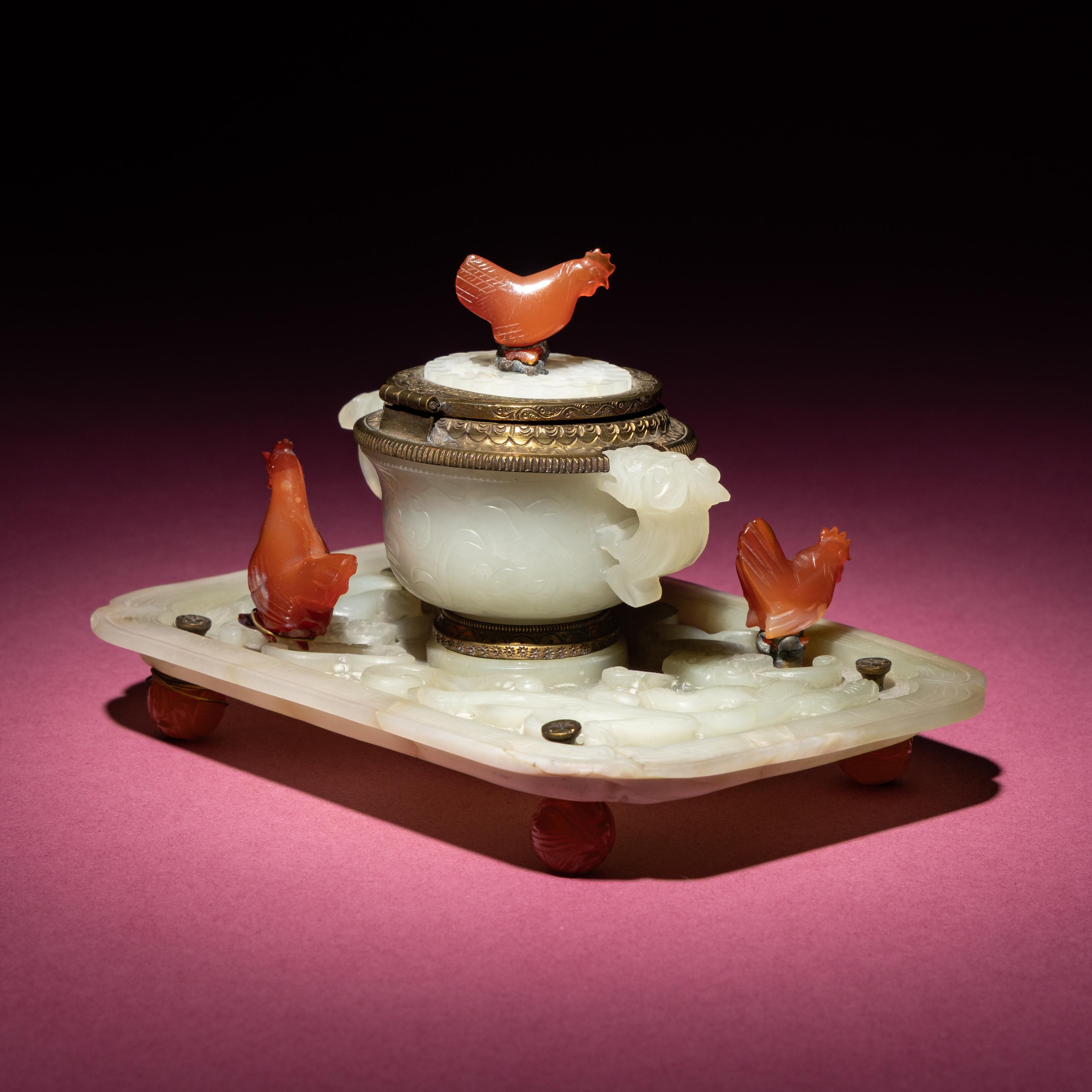 A Chinese Carved Pale Celadon Jade Cup and Stand Mounted as an Inkwell, 19th-20th Century — 晚清-民國 青白玉刻龍紋杯碟改墨水瓶