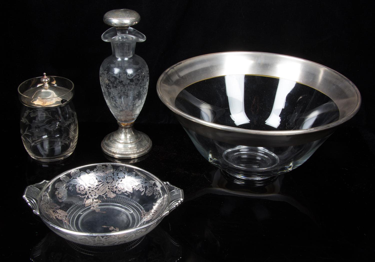 A Group of Silver-Plate Mounted Glass Table Articles Height of pitcher 11 3/8 inches.