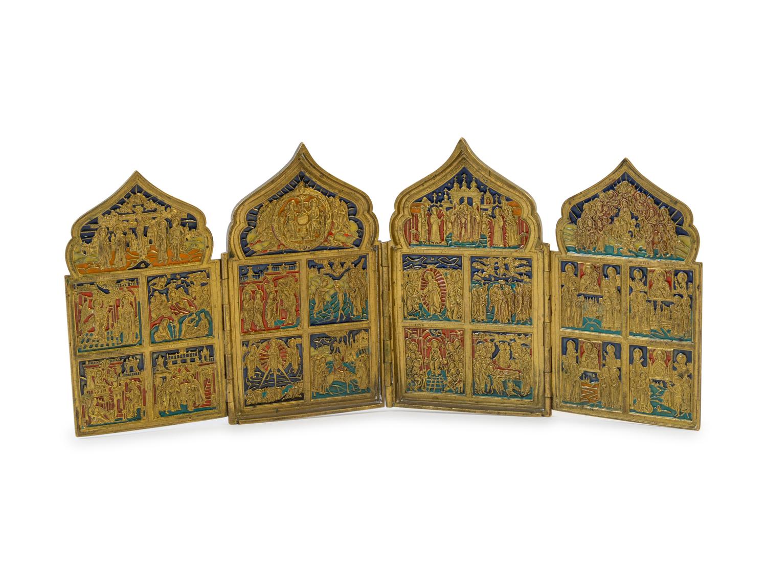 An Eastern European Enameled Brass Four-Panel Icon