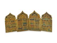 An Eastern European Enameled Brass Four-Panel Icon