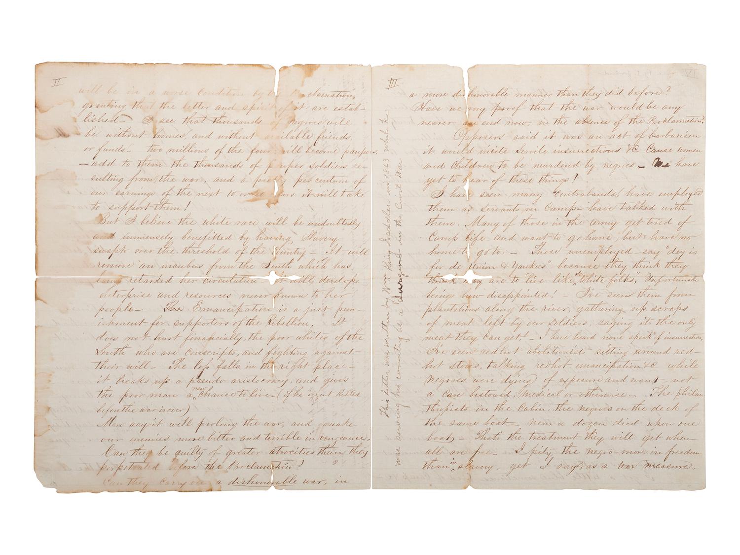 [CIVIL WAR] -- [SLAVERY & ABOLITION]. A detailed letter from Civil War surgeon William K. Sadler (1833-1864), 19th Kentucky Infantry Regiment, describing his sentiments on the Emancipation Proclamation and the abolition of slavery.