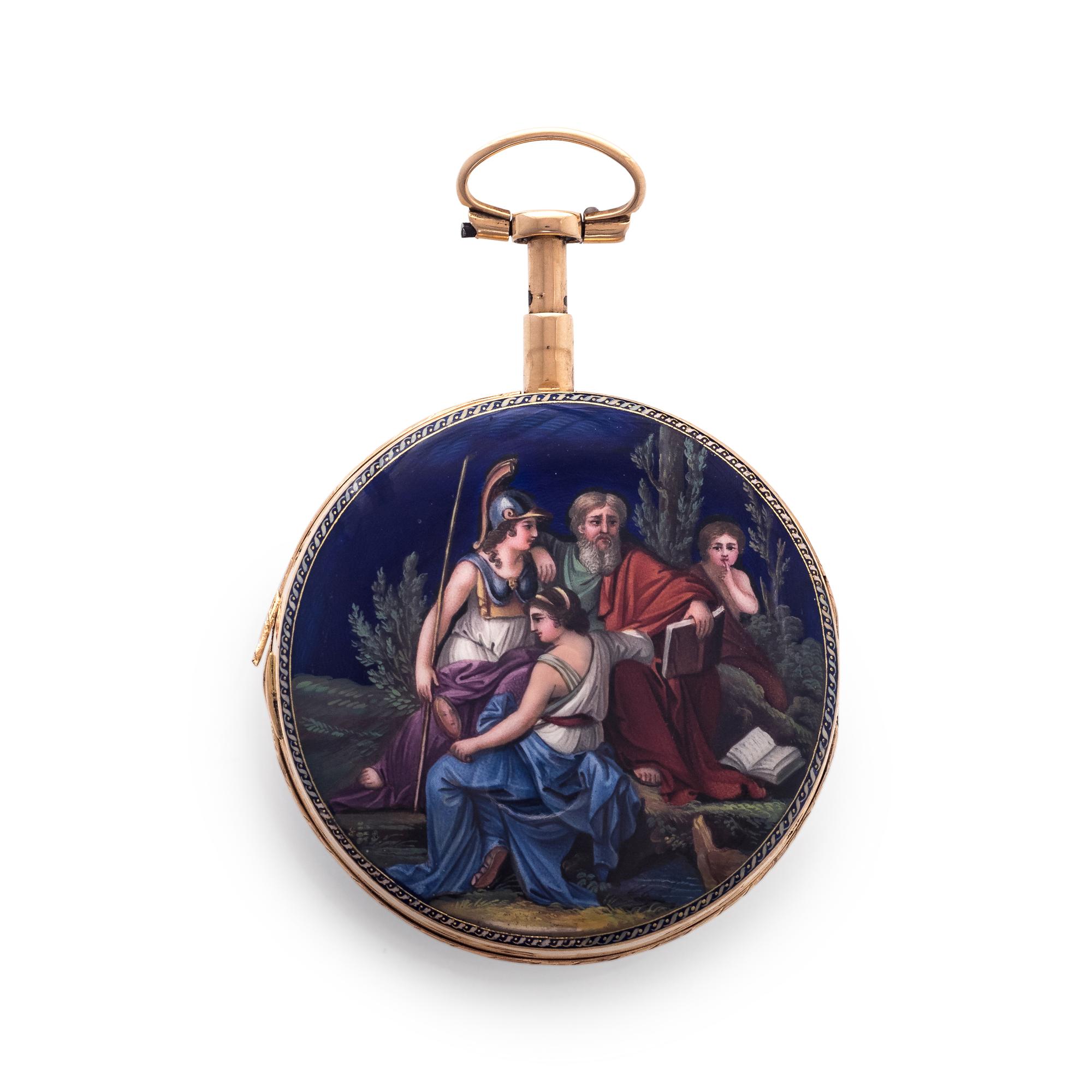 GILT-METAL AND ENAMEL QUARTER REPEATER OPEN FACE POCKET WATCH