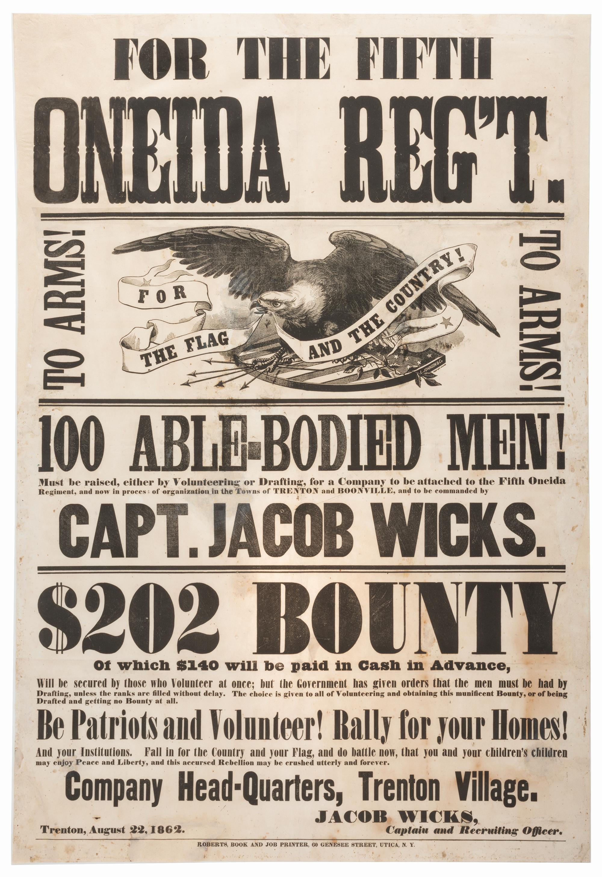 [CIVIL WAR]. For the Fifth Oneida Reg't. Utica, NY: Roberts, Book and Job Printer, 1862.