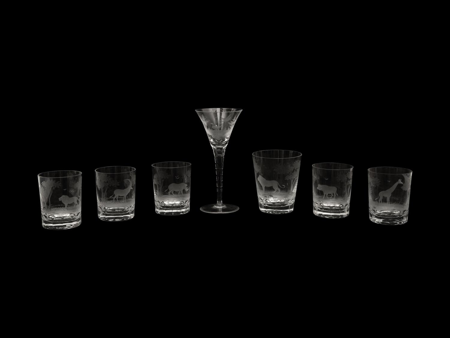 Seven Queen Lace Crystal Barware Articles with Etched African Scenes