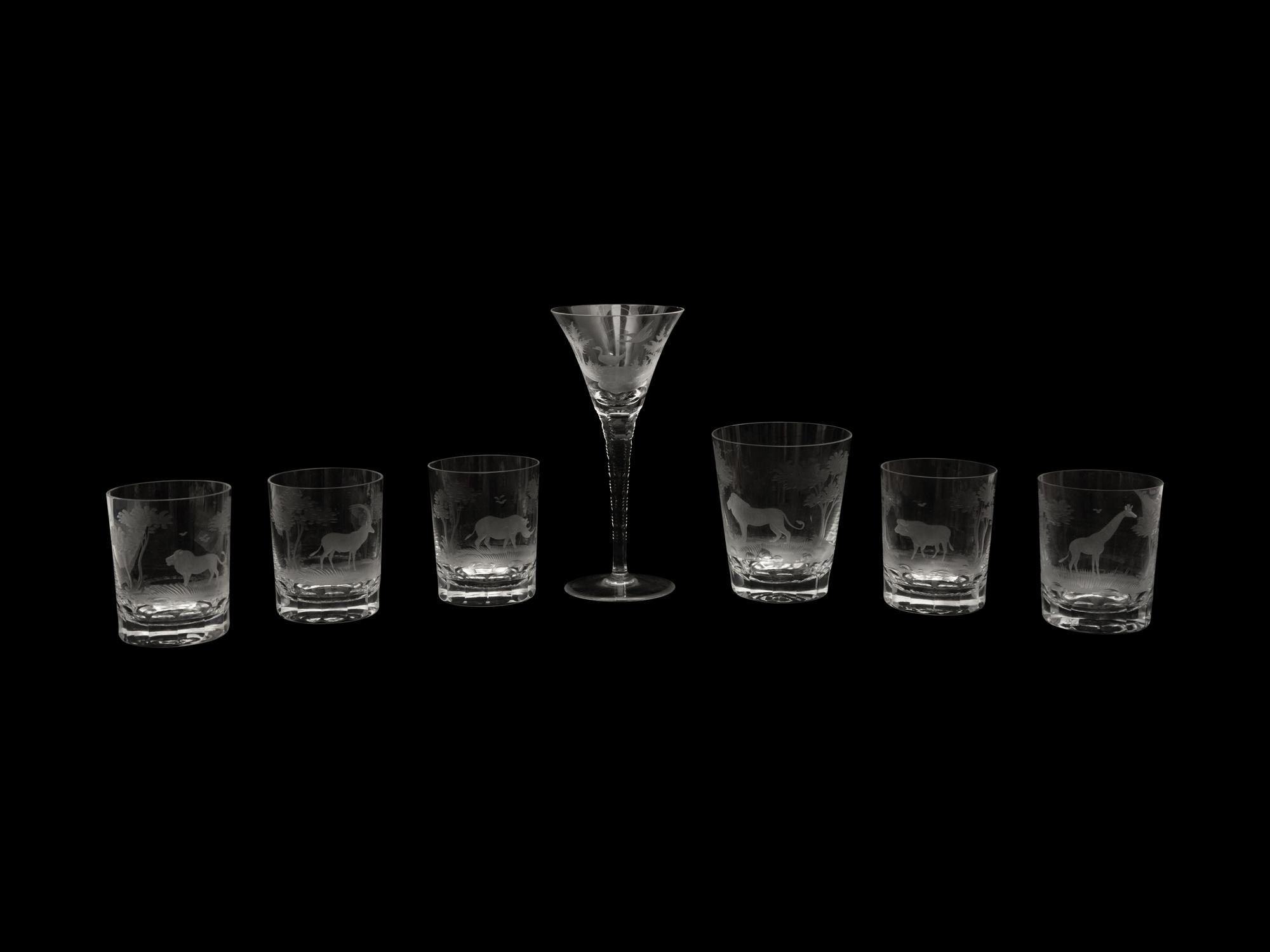 Seven Queen Lace Crystal Barware Articles with Etched African Scenes