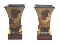 A Pair of French Gilt Metal Mounted Tole Cache Pots with a Pair of Giltwood Wall Brackets